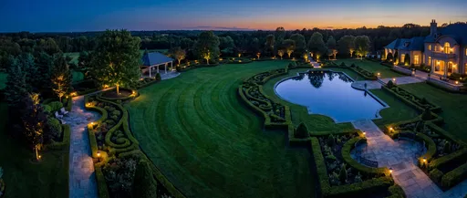 Luxury Estate Garden and Pond at Twilight