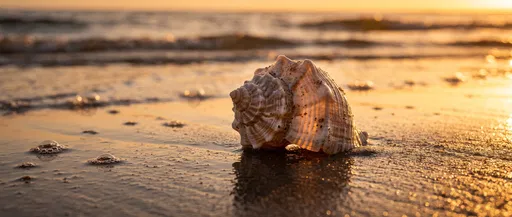 Spiral Seashell on Wet Beach Sand at Sunset