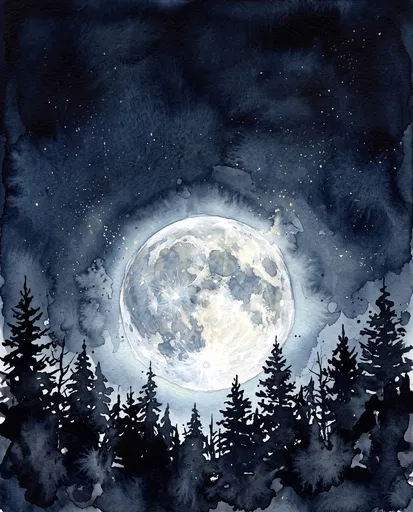 Watercolor Full Moon Over Pine Trees