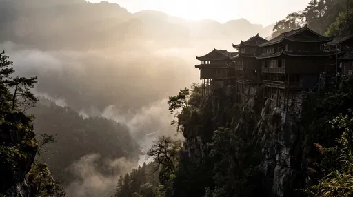 Traditional Stilted Houses on Misty Mountain Cliff