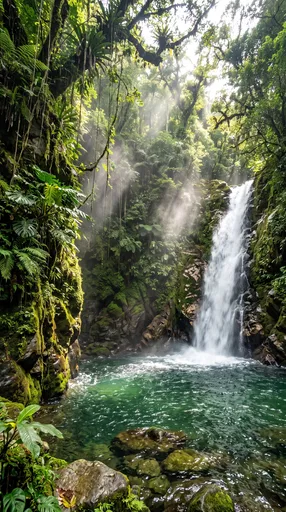 Lush Tropical Rainforest Waterfall and Pool