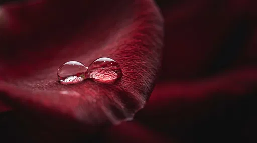 Two Dewdrops on Dark Red Rose Petal