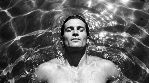 Monochrome Portrait of Man Floating in Pool