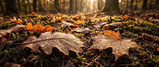 Dewy Autumn Leaves on Forest Floor