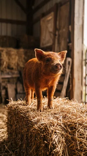 Reddish-Brown Piglet Standing on Hay Bale
