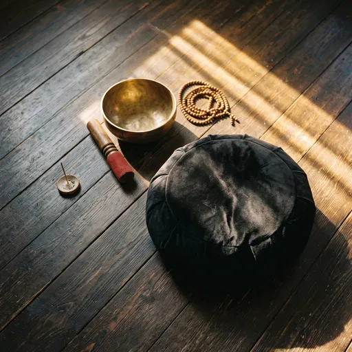Meditation Cushion and Singing Bowl in Sunlight