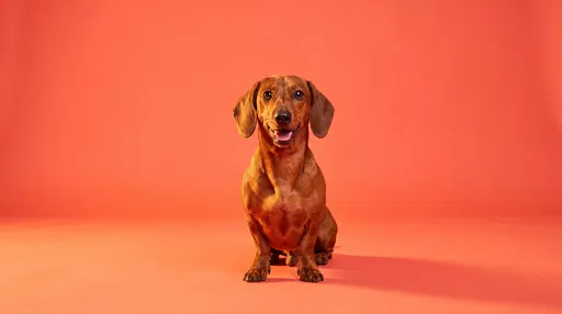 Smiling Red Dachshund on Coral Backdrop