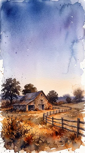 Watercolor Stone Barn at Twilight