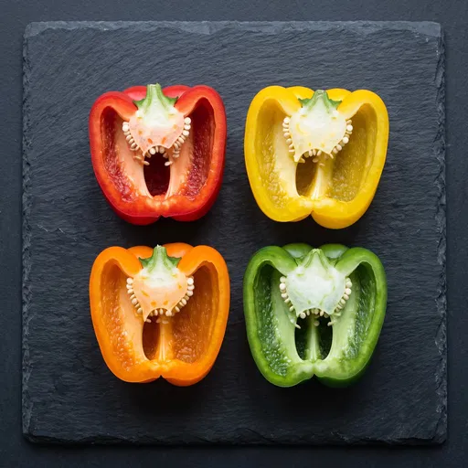 Four Halved Colorful Bell Peppers on Slate
