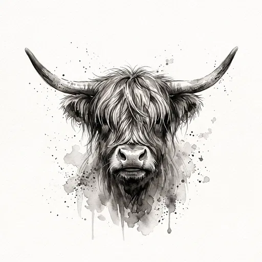 Monochrome Watercolor Scottish Highland Cow Head