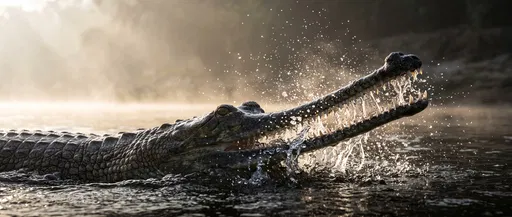 Gharial Snapping Jaws in Morning Mist