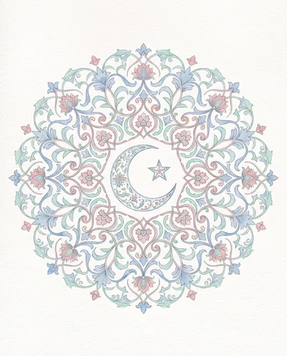 Pastel Watercolor Crescent Moon Botanical Mandala