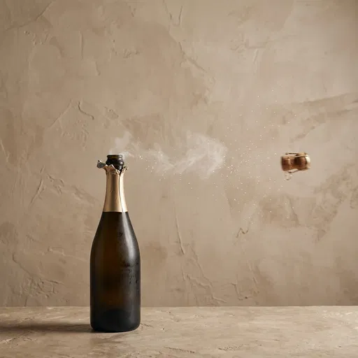 Popping Champagne Bottle Against Beige Wall