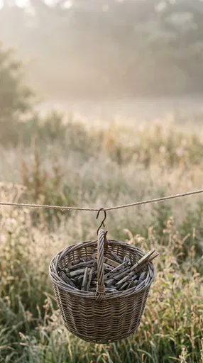 Woven Basket of Clothespins on Clothesline