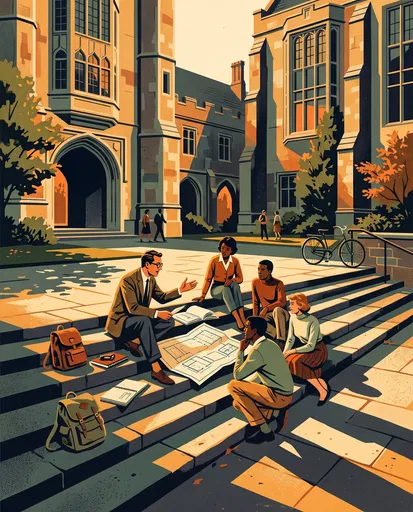Mid-Century Illustration of Outdoor University Study Group