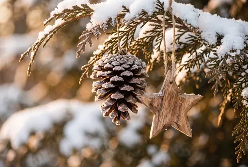Frosted Pinecone and Wooden Star Ornament