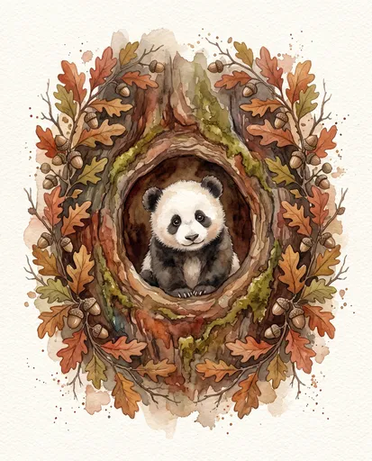 Watercolor Baby Panda in Autumn Tree Hollow