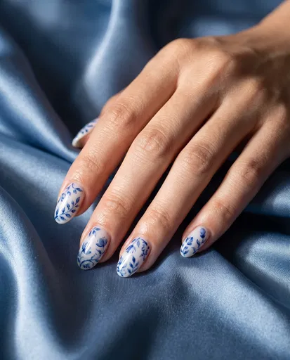 Blue Porcelain Floral Nail Art Close-Up