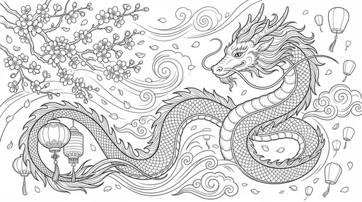 Eastern Dragon and Cherry Blossoms Coloring Page