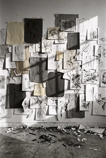 Sunlit Studio Wall With Charcoal Sketches