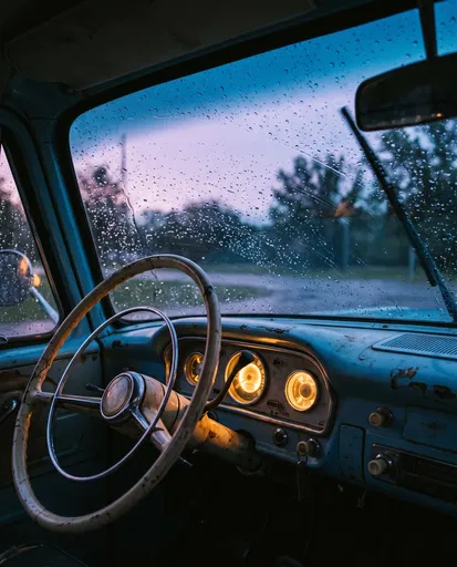 Vintage Blue Truck Interior at Dusk