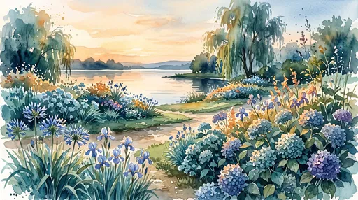 Watercolor Lakeside Garden at Sunset