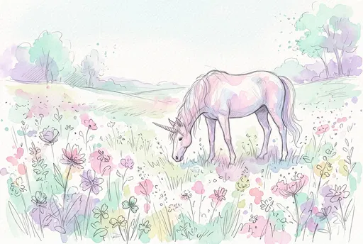 Pastel Watercolor Sketch of Grazing Unicorn
