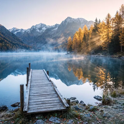 Wooden Dock on Misty Alpine Lake