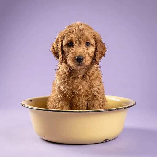 Goldendoodle Puppy in Yellow Washbasin