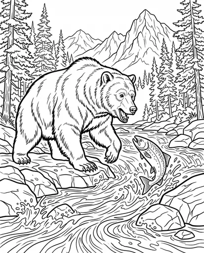 Grizzly Bear Catching Salmon Coloring Page