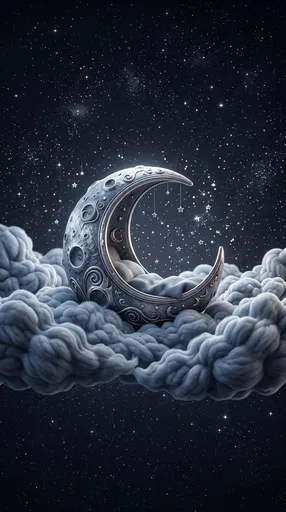 Silver Crescent Moon Cradle in Starry Clouds