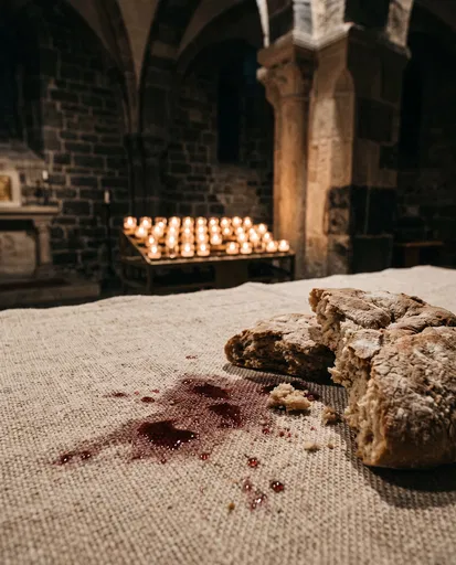 Broken Bread and Wine on Altar Cloth