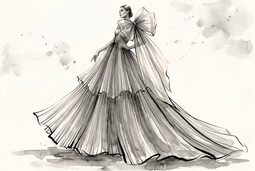 Monochrome Fashion Sketch of Gown with Bow