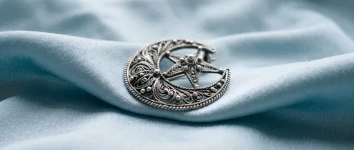 Silver Filigree Crescent Brooch on Blue Silk