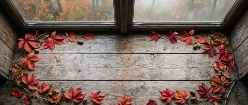 Rustic Wooden Window Sill With Autumn Leaves