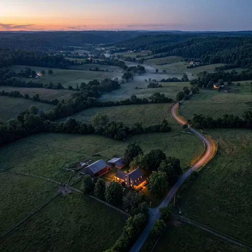 Aerial View of Countryside Farmhouse at Dusk