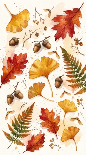 Watercolor Autumn Leaves and Botanical Specimens