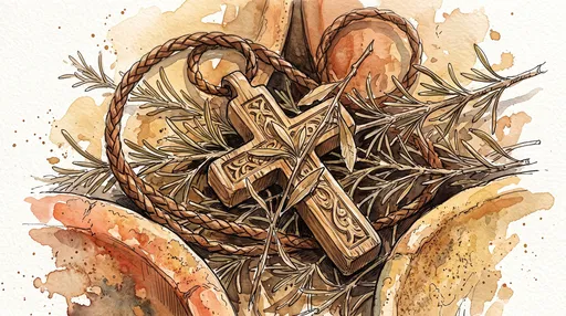 Watercolor Wooden Cross With Rosemary And Cord