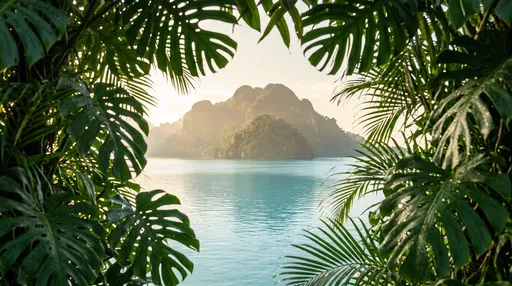 Tropical Island Framed by Jungle Leaves
