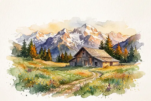 Watercolor Alpine Barn and Mountains
