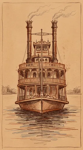 Vintage Conte Crayon Sketch of Riverboat
