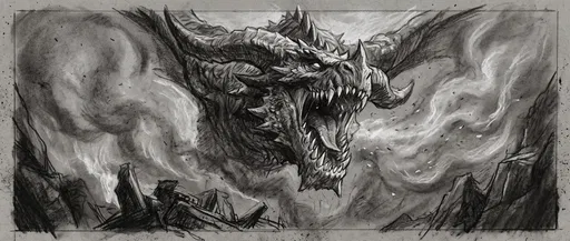Charcoal Drawing of Roaring Horned Dragon