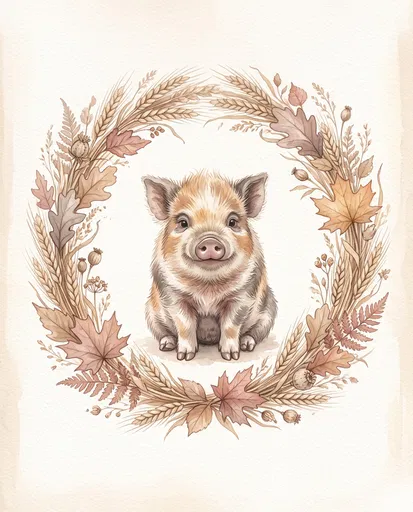 Watercolor Kunekune Piglet in Autumn Wreath