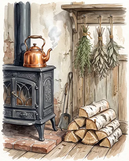 Watercolor Wood Stove and Copper Kettle