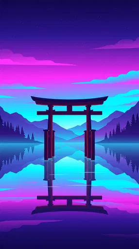 Neon Torii Gate Lake Illustration