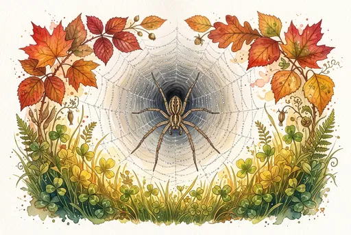 Watercolor Grass Spider in Autumn Web