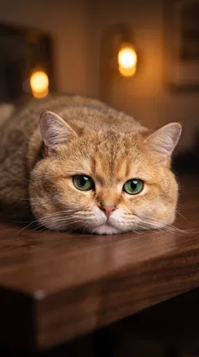 Golden British Shorthair Cat on Wooden Table