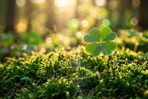 Backlit Four-Leaf Clover in Woodland Moss