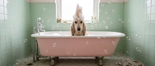 Afghan Hound With Bubble Mohawk in Bathtub