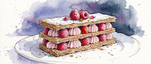 Watercolor Raspberry Mille-Feuille Pastry Illustration